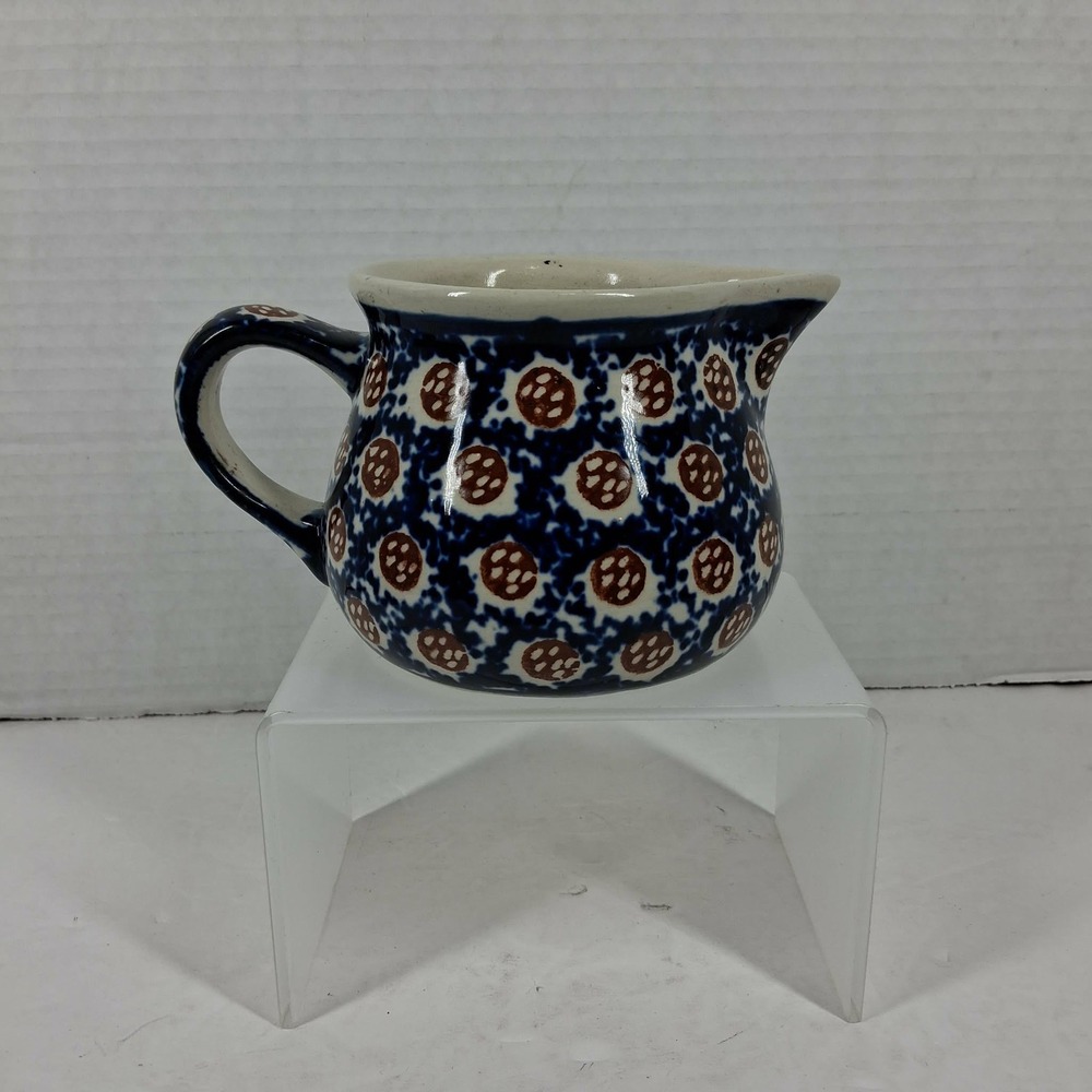 Boleslawiec Polish‎ Pottery Creamer Pitcher Blue Brown Hand Made in Poland 3in
